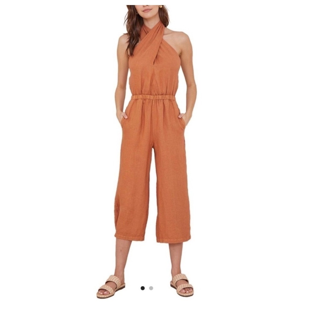 NWT Bella Dahl Adobe 100% Linen Wrap Neck Jumpsuit Halter Jumper Size S